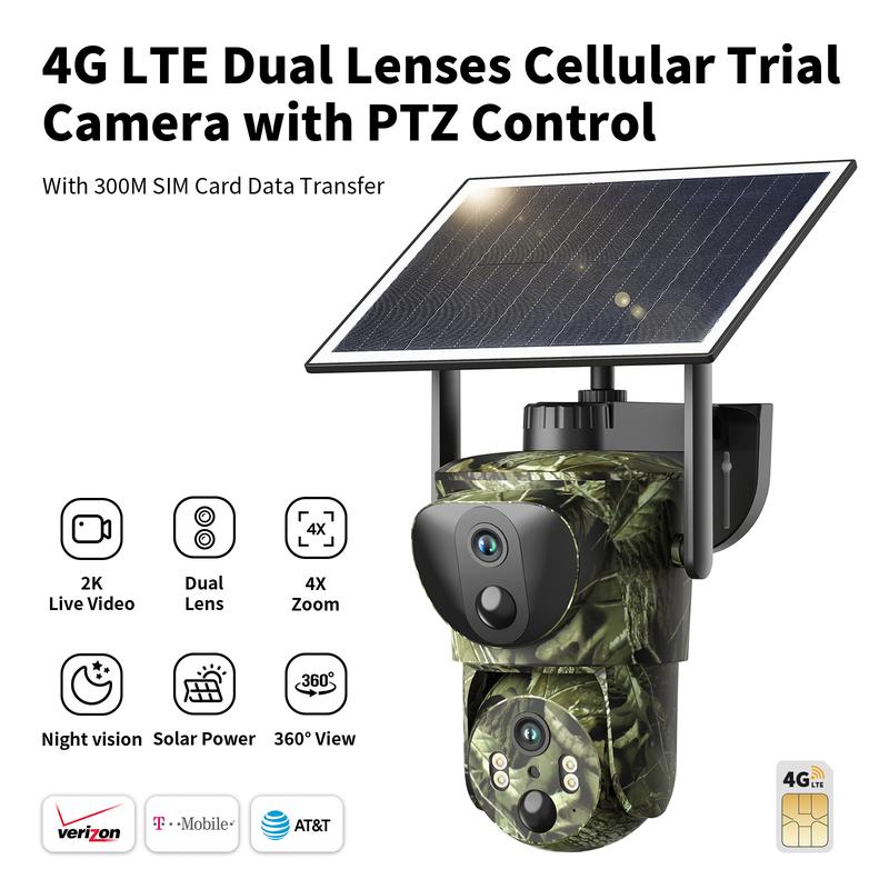 [New] Dual Lens Linkage 4G LTE Solar Powered Cellular Trail Cameras, Security Camera, NOT SUPPORT WIFI, 2K Live View&8MP Photos, with 360° Pan Tilt