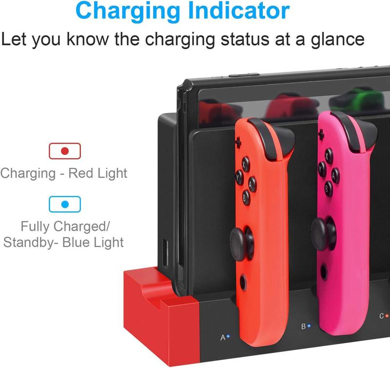 Upgraded Charging Dock Station for Switch Switch OLED Controller, Charges Up to 4 Switch Controllers and Switch Console with LED Indication Security Protection, Compatible with Switch Switch OLED, Gaming Organizer Accessories for Switch Switch OLED