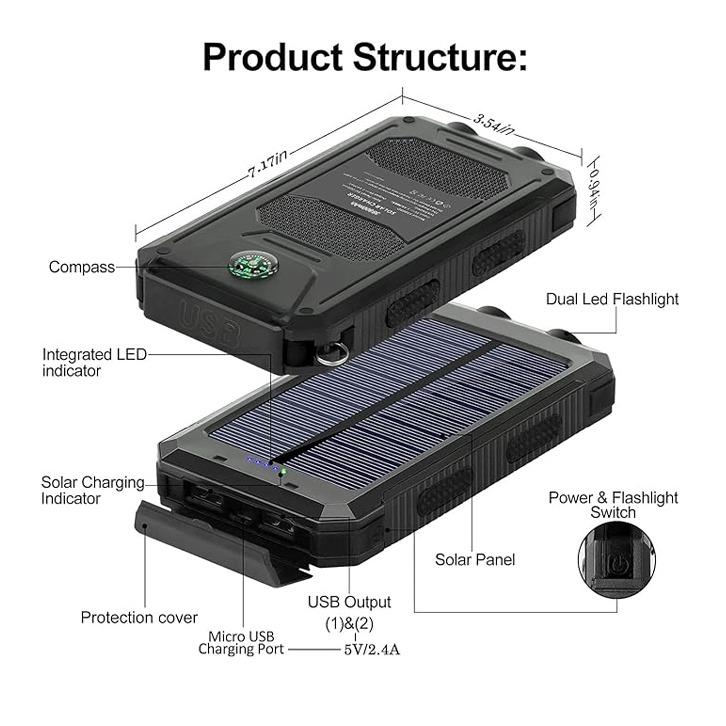 Solar Charger, 38800mAh Portable Solar Power Bank, Waterproof Battery Pack for Outdoor Activities, Camping External Backup Power Charger Dual USB 5V Outputs LED Flashlights