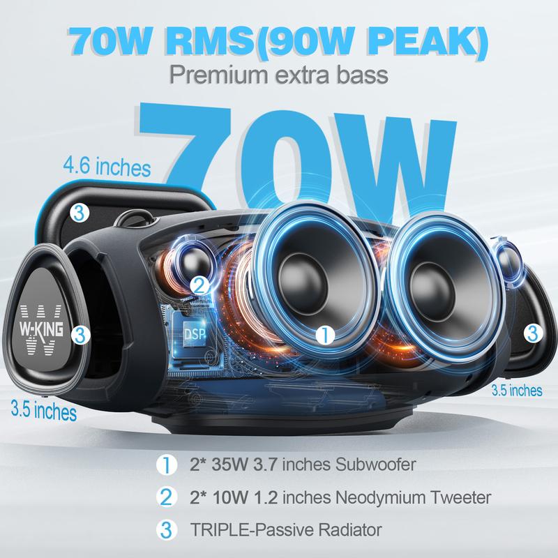 W-KING 70W (90W Peak) Portable Loud Bluetooth Speakers with Wireless Microphone, Portable Outdoor Speakers Bluetooth Wireless Waterproof, Triple Passive Radiators-Deep Bass Hi-fi DSP Power Bank TF AUX EQ Opener