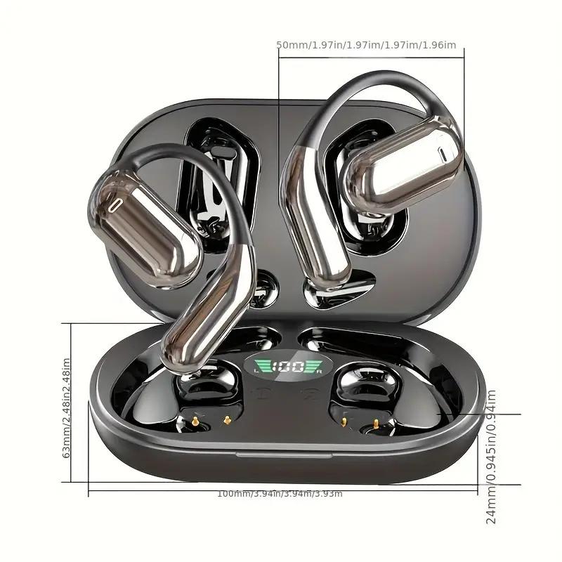 Open Ear Bluetooth 5.4 Headphones,  Playtime Ear Buds LED Display Charging Case, Waterproof Black e sr Audio Electronic Headset travel sport Earbud playtime ear