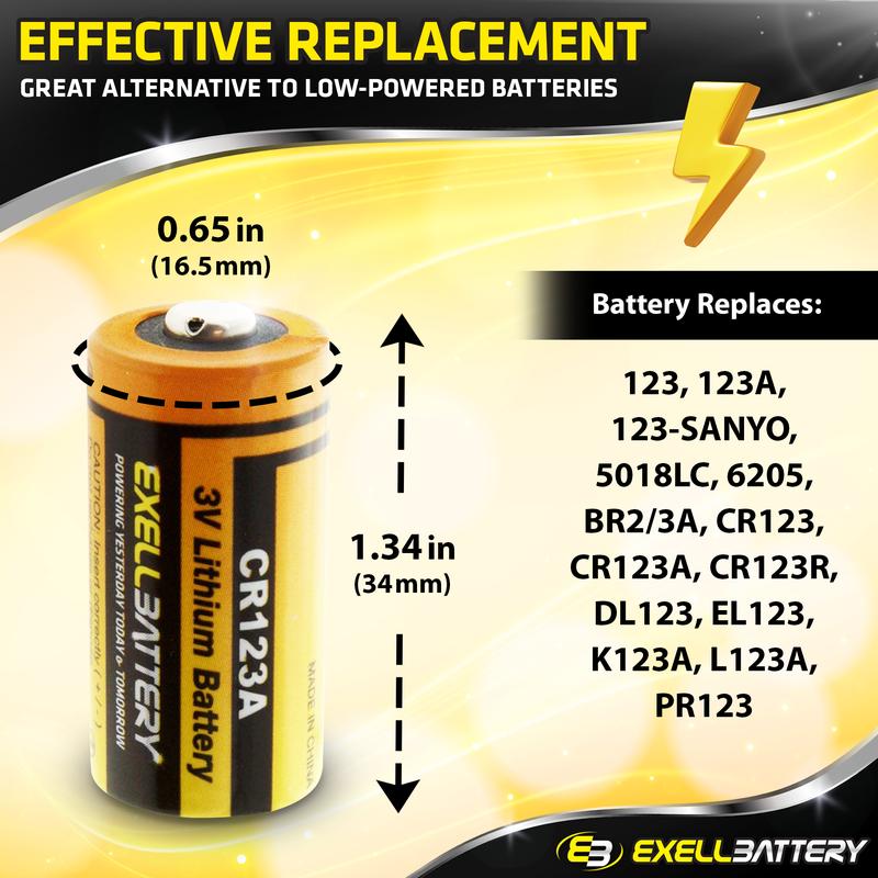 Exell Battery 3V Lithium Battery EB-CR123A Ideal for Flashlights, Cameras, High Drain Devices - Photo Battery Long-lasting Power & Rapid Flash Recovery