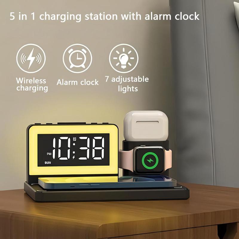 Wireless Charging Station Alarm Clock, Multifunctional Wireless Charger Stand, Compatible with Apple Samsung Wireless Charging Phone, Watch, AirPods