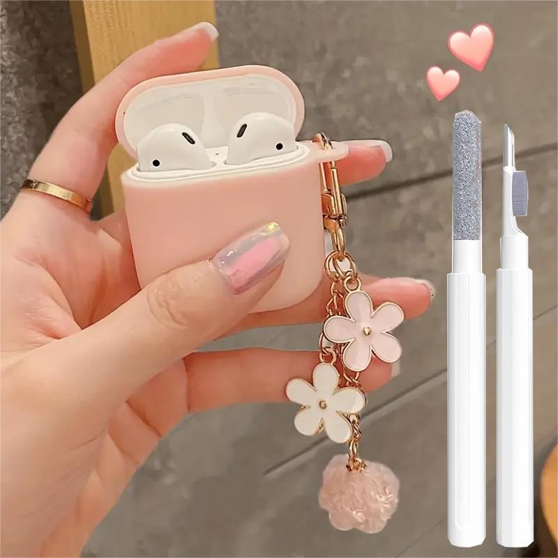 Cute Pink Case for Airpods 2nd 1st Generation Cover for Girl Women with Pom pom Keychain & Cleaner Kit, Soft Airpods iPod 2nd 1st Gen Protective Cover Skin for Airpods 2 1, Pink