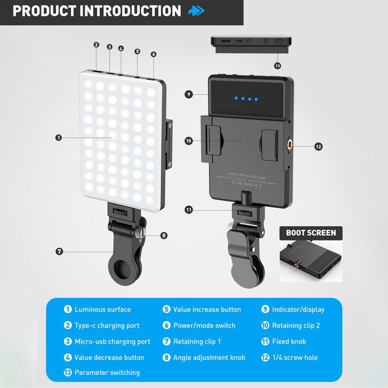 Portable Selfie Light with Front & Back Clip ,USB Rechargeable High Power 60 LED 3000mAh Phone Fill Light with CRI 95+,Adjusted 3 Light Modes for Cellphone, ipad,Camera,Laptop,Vlog,Makeup, TikTok