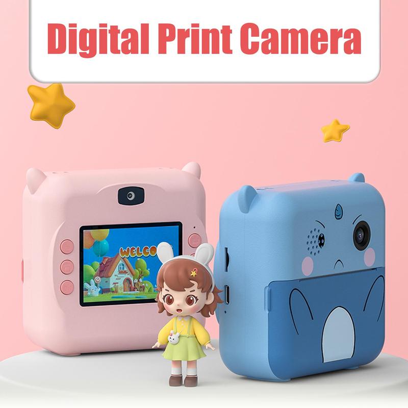 Portable Cartoon Print Digital Camera, Multifunctional Camera Toy with Front and Rear Dual Lens, Point & Shoot Camera Digital with Lanyard for Students, Boys, Girls