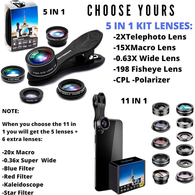 IPhone Camera Lens Kit iPhone Smartphones Pixel Samsung Android Phones Camera. 2xTele Lens Zoom Lens + Fisheye Lens + 0.36XSuper Wide Angle Lens & 20X Macro Lens CPL.Blue & Red Filter Filter