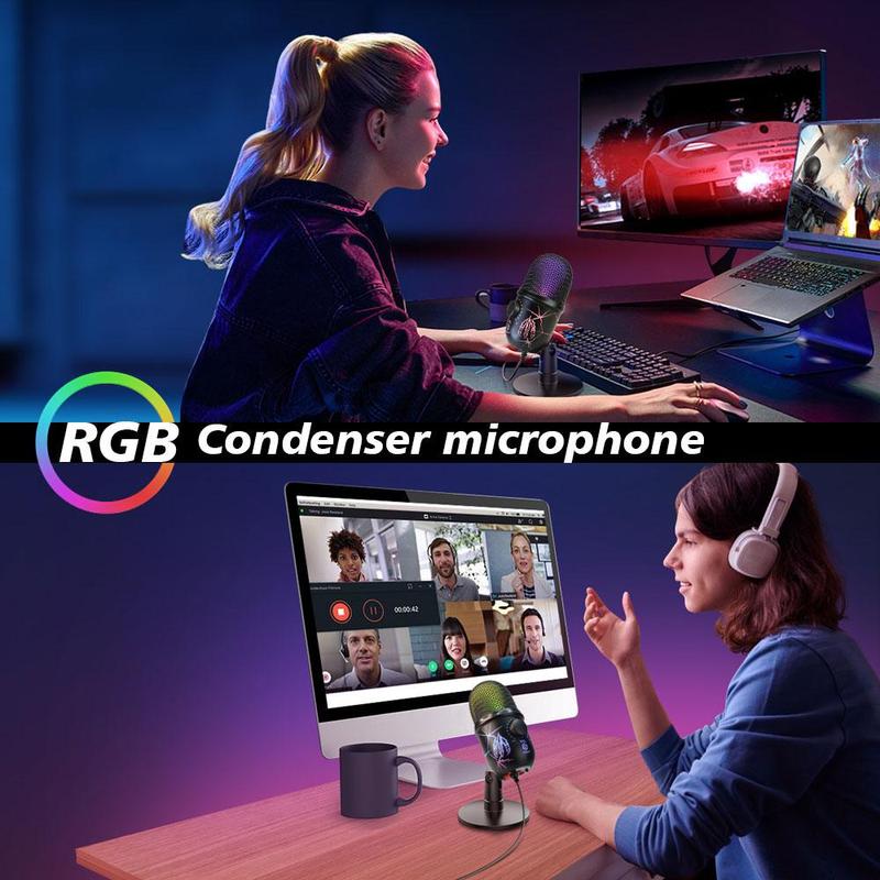 USB Powered Microphone, RGB Condenser Gaming Competition Microphone, Environment Light Microphone for Computer & Mobile Phone Live K Song