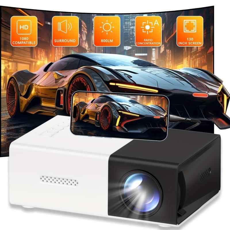 3000+ Lumen Bright HD Mini Projector - Portable, 3D-Ready, Professional High-Definition for Home Cinemas and Outdoor Camping, Compatible with HDTV, USB, SD, and Holder