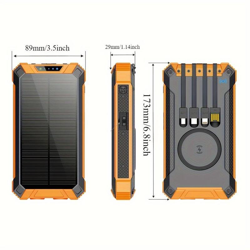 20000mAh Solar Powered Power Bank, 1 Count Wireless Charger with Built in 4 Cables, 15W Fast Charging Power Bank for All Mobile Devices