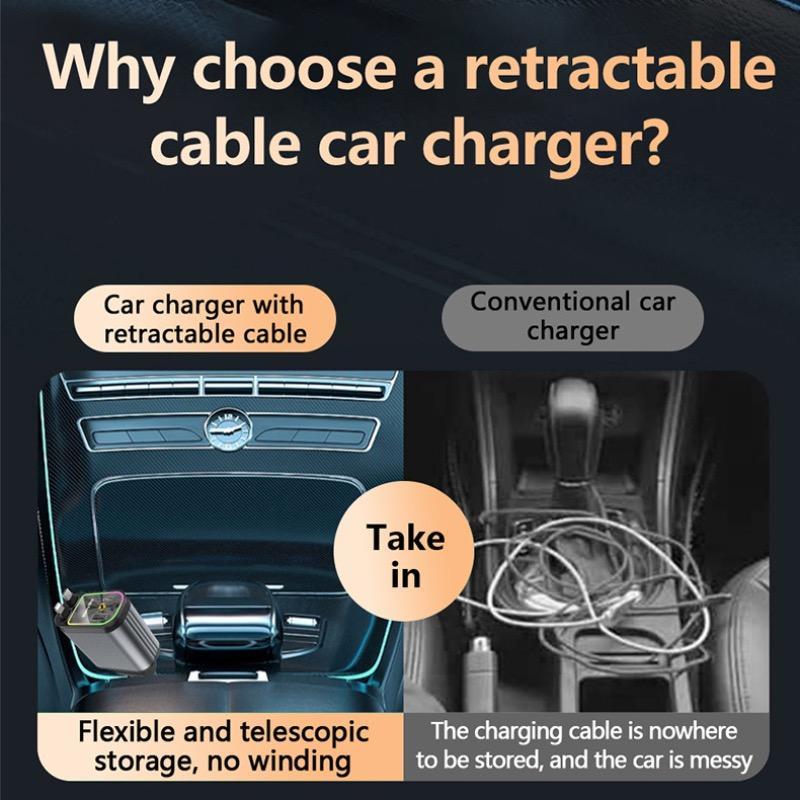 66W 4 in 1 Charger for Phone, Retractable Charging Cable, Multifunctional Car Charger with LED Light, Charger Compatible with USB PD QC