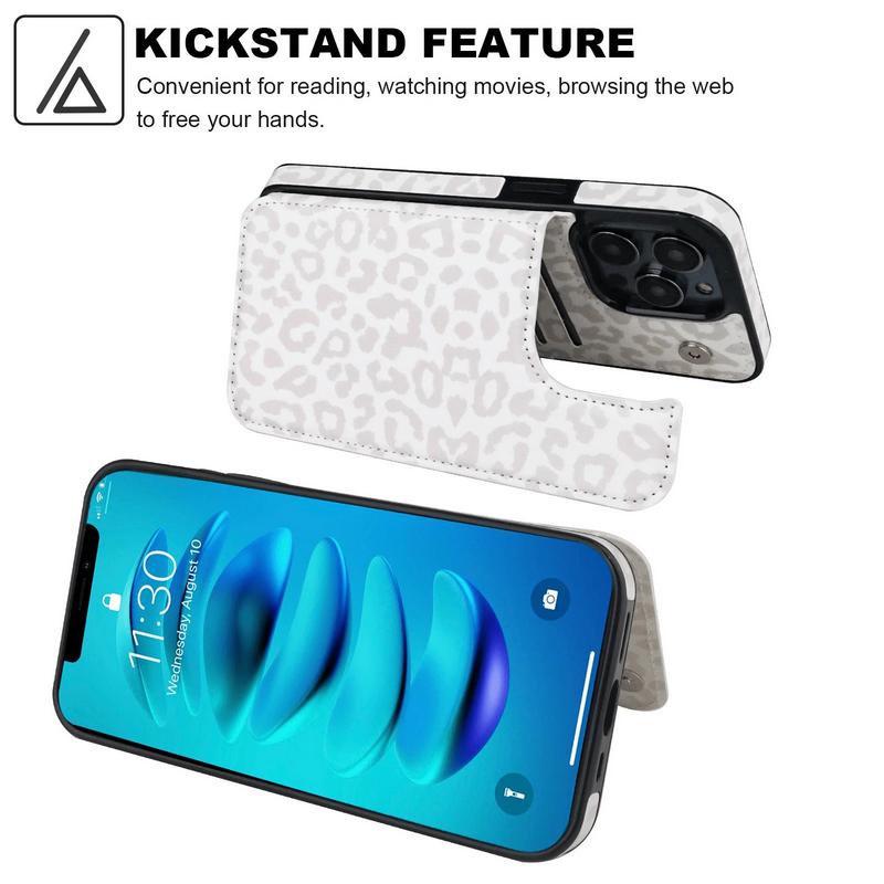 Phone Case Wallet with Card Holder and Kickstand for iPhone 12 13 14 15 15 Pro Max - White Leopard Back Flip Folio PU Leather Cover with Double Magnetic Clasp - Smartphone, Accessories