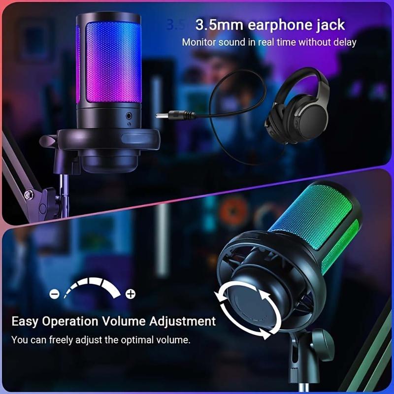 Gaming USB Microphone, Noise Cancellation Condenser mic with Mute, Gain, Monitoring, Boom Arm for Streaming, Podcast, Twitch, YouTube, Discord, PC, Computer, PS4, PS5, Mac, GamerWave