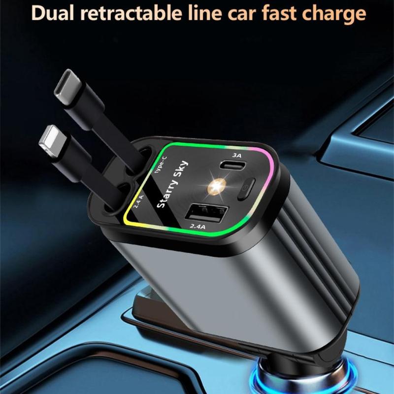 66W 4 in 1 Charger for Phone, Retractable Charging Cable, Multifunctional Car Charger with LED Light, Charger Compatible with USB PD QC