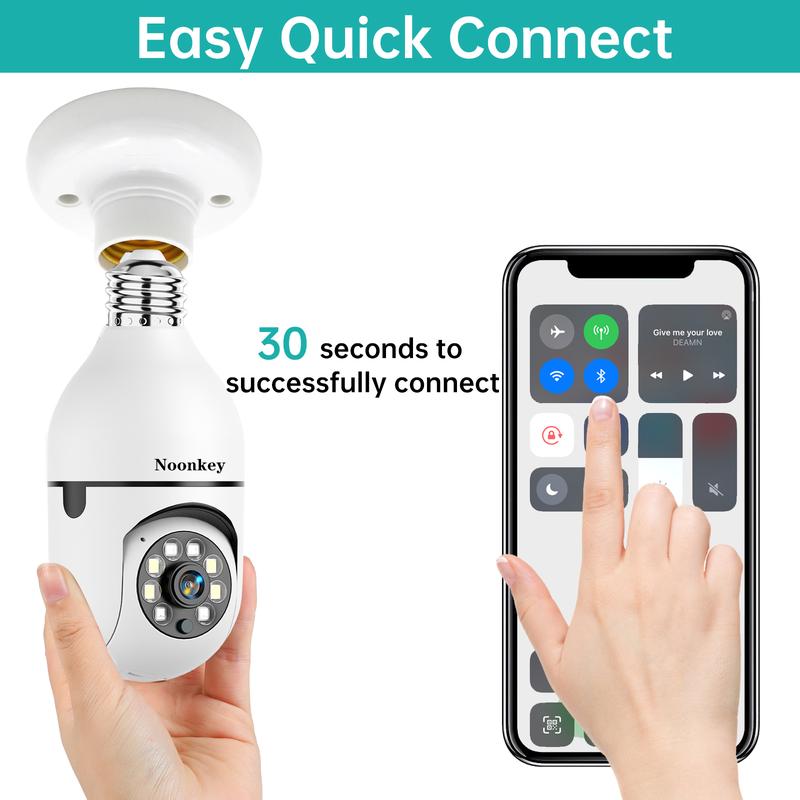 Noonkey 2K 3MP Light Bulb Security Camera 2.4 5Ghz Megapixel Indoor Outdoor Full Color Day Night Camera, Motion Detection, Sound & Light Alarm, Two-Way Audio, Home Yard Store work with Alexa Wireless Connection Light Socket Camera Easy Installation