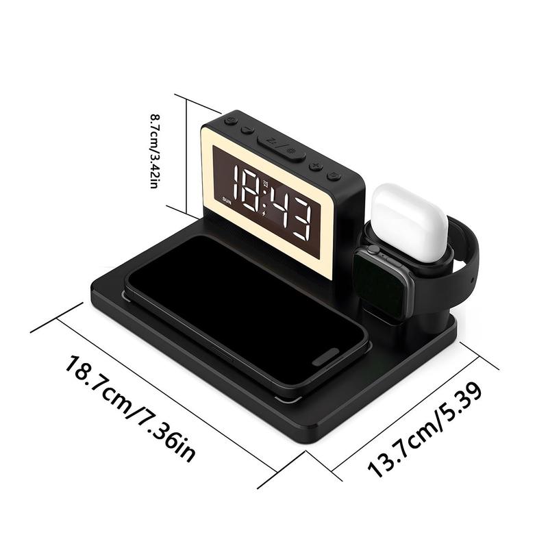 Wireless Charging Station Alarm Clock, Multifunctional Wireless Charger Stand, Compatible with Apple Samsung Wireless Charging Phone, Watch, AirPods