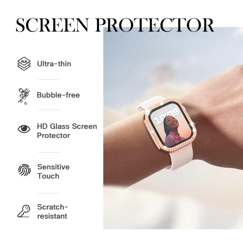 Rhinestone Decor Watch Case with Tempered Glass Screen Protector, 1 Count Hard Shell Smartwatch Cover, Watch Screen Protective Cover Compatible with Apple Watch