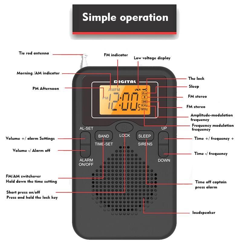 Portable Mini Radio, Handheld AM FM Dual Band Stereo Pocket Radio Receiver with LED Display Speaker, Alarm Clock Pocket Radio