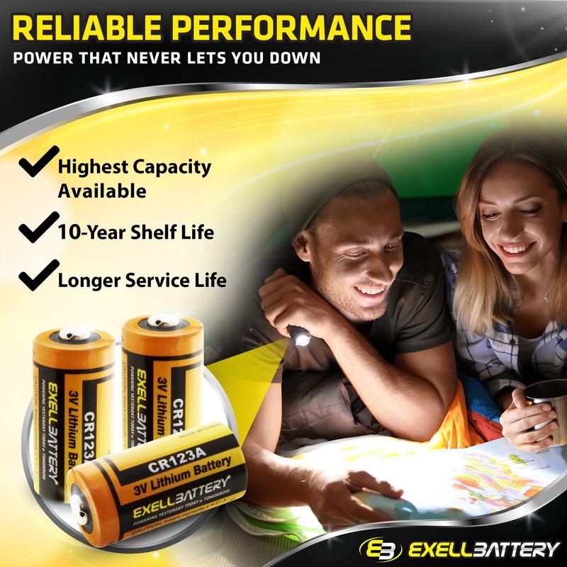 Exell Battery 3V Lithium Battery EB-CR123A Ideal for Flashlights, Cameras, High Drain Devices - Photo Battery Long-lasting Power & Rapid Flash Recovery