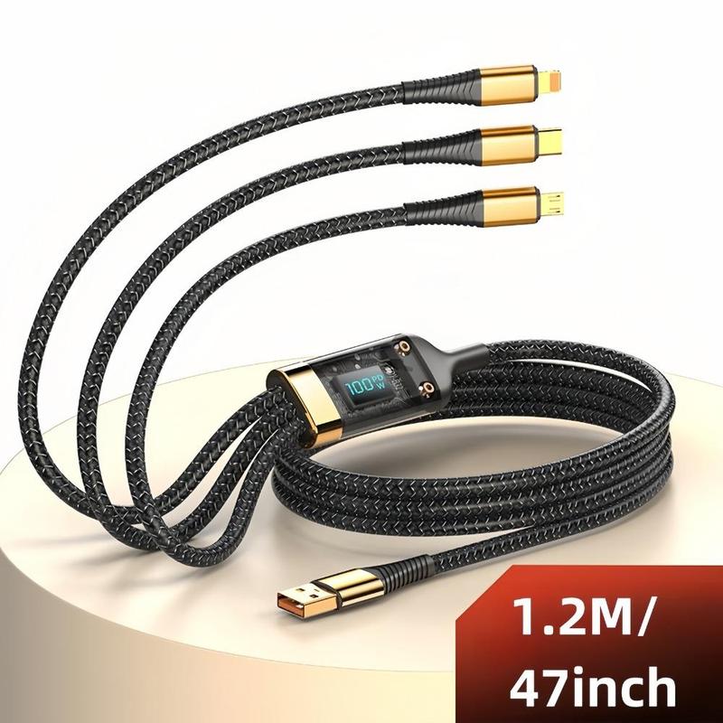 3 in 1 Fast Charging Cable, 100W Multipurpose Phone Charging Data Cable with Digital Display, Braided Design Real Time Fast Charging Cable for iPhone & Android