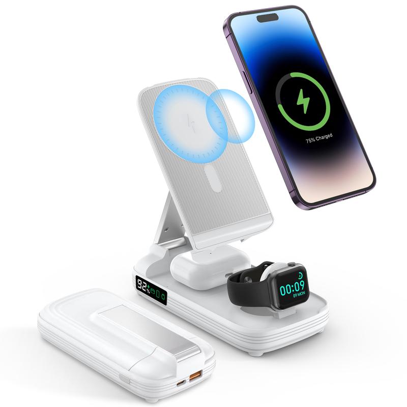 3 in 1 Wireless Charging Station Phone Charger, 10000mAh Magnetic Power Bank with Adjustable Angle Phone Stand, Fast Charger, Portable Wireless Charger with Digital Power Display for iPhone 16   15   14   13   12 Series & AirPods & Apple Watch