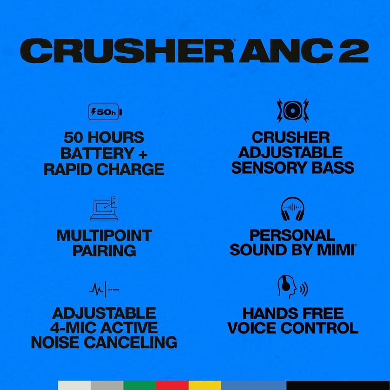 WERWR Skullcandy Crusher ANC 2 Over-Ear Noise Canceling Wireless Headphones with Sensory Bass and Charging Cable, 50 Hr Battery, Skull-iQ, Alexa Enabled, Microphone, Works with Bluetooth Devices - Black