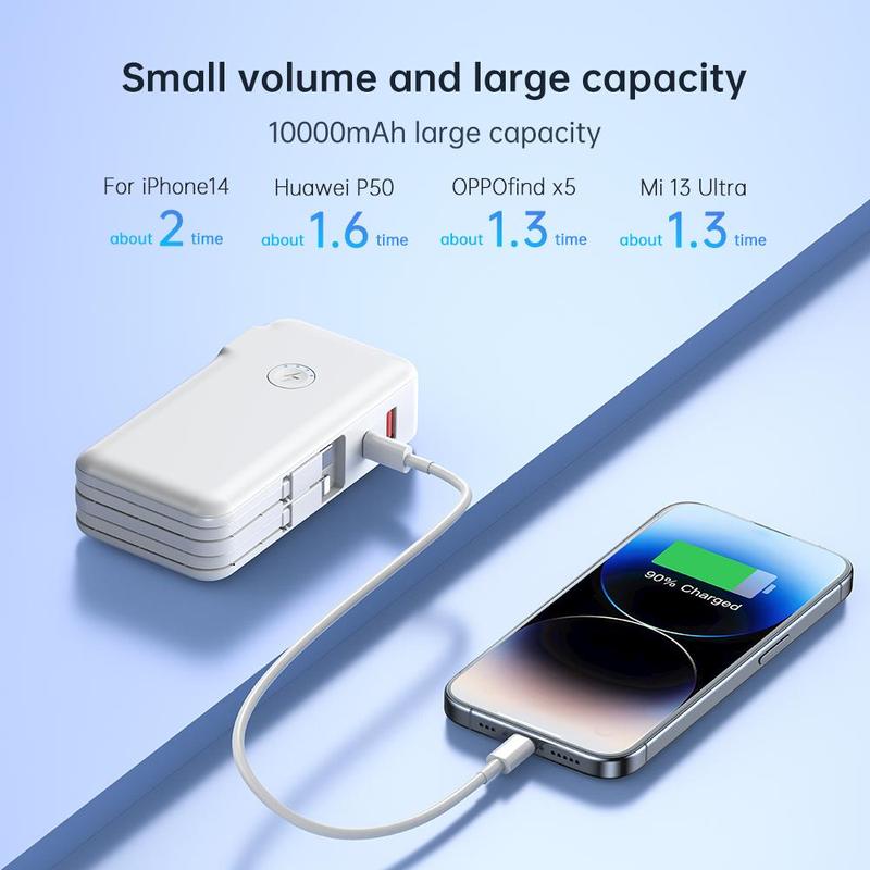 10000mAh Power Bank with Built-in Cable & US Plug, PD3.0 QC4.0 22.5W Fast Charging Power Bank Suitable for iPhone & Pad & Other Electronic Devices, Stocking Fillers Gift