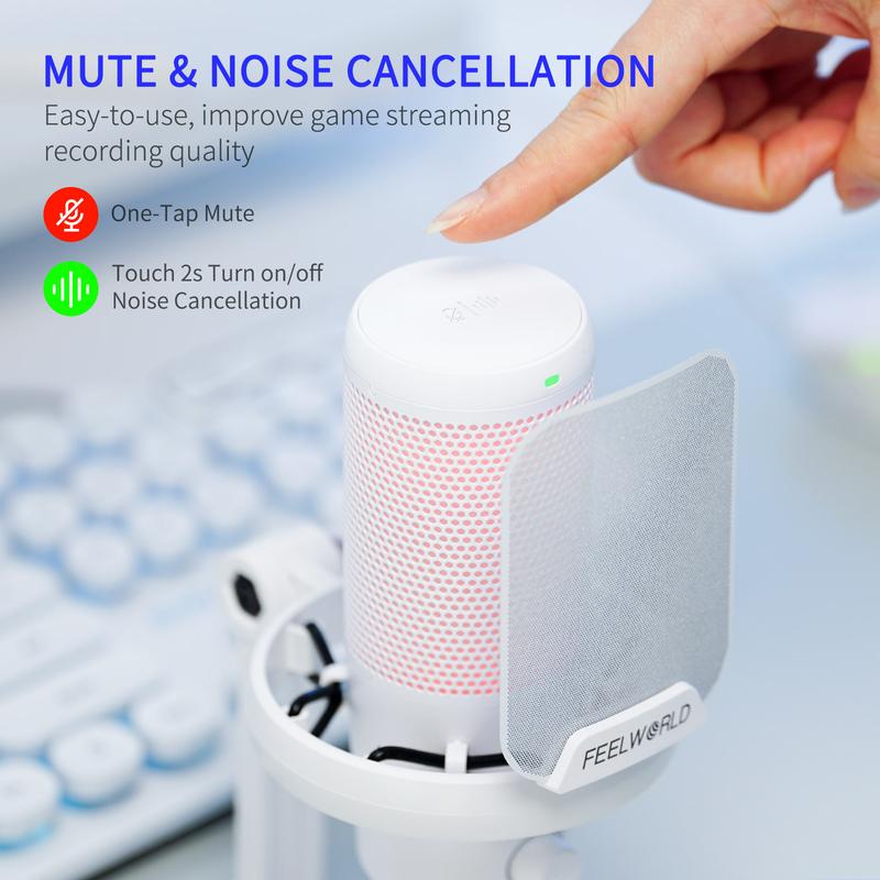 FEELWORLD VM1 White Gaming PC USB Microphone Condenser Mic Noise Cancellation RGB Light Mute, Computer Accessories for Gamer YouTube Twitch Podcast Streaming Recording Chat PS4 PS5