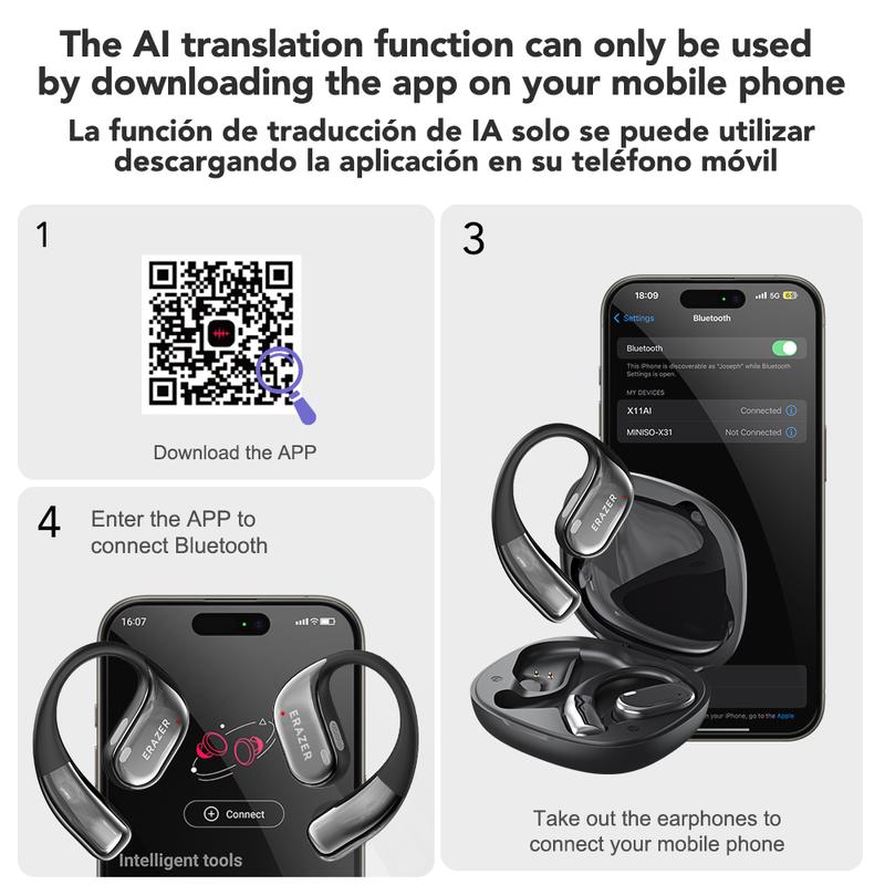 ERAZER X11 OWS AI Translation Wireless Bluetooth Earphones Support 135 Languages Real Time AI Translator Earbuds Support Playing Music Phone Calls Headphones & Meeting Summary Earbuds