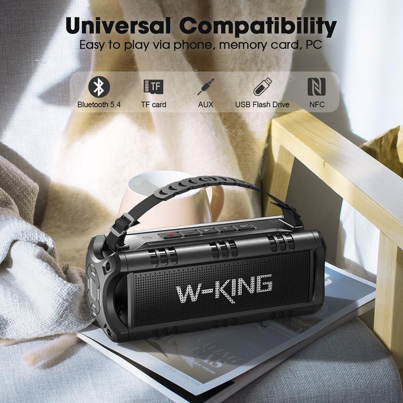 W-KING Portable Speaker, IPX6 Waterproof, 30W Wireless, 24-Hour Playtime, Powerful Bass, NFC, TF Card, USB Playback, Built-in Mic, AUX-IN, for Home, Outdoor