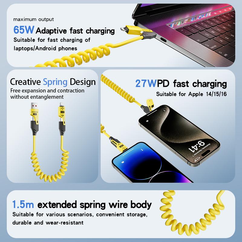 Portable car charging cable, extendable car charging cable, iPhone C-type charging cable, dual port four in one charging cable, four in one