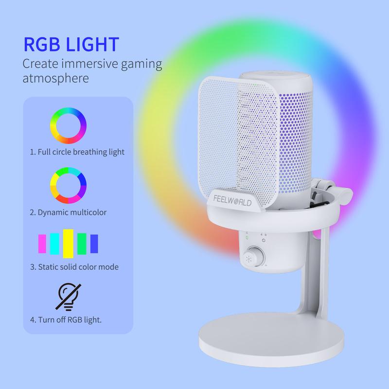 FEELWORLD VM1 White Gaming PC USB Microphone Condenser Mic Noise Cancellation RGB Light Mute, Computer Accessories for Gamer YouTube Twitch Podcast Streaming Recording Chat PS4 PS5