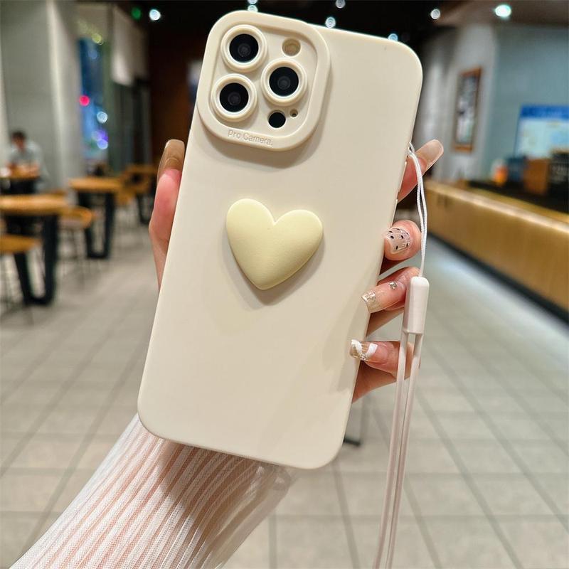 Solid Color Heart Design Phone Case with Wrist Strap, Shockproof Phone Protective Cover, Phone Accessory Compatible With iPhone 7 8 X 11 12 13 14 15 Pro Max 15 Plus