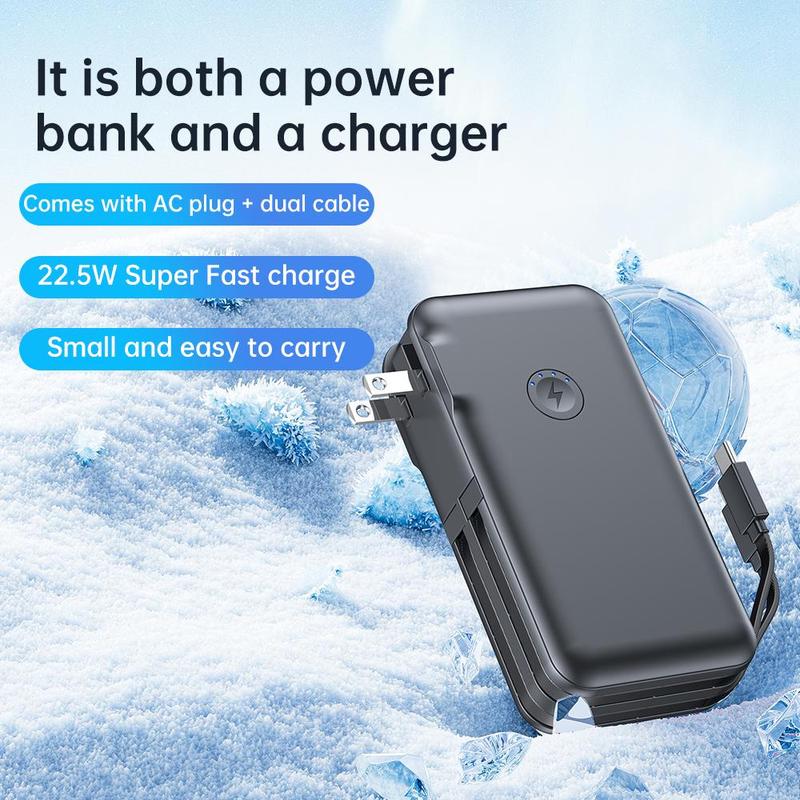 10000mAh Power Bank with Built-in Cable & US Plug, PD3.0 QC4.0 22.5W Fast Charging Power Bank Suitable for iPhone & Pad & Other Electronic Devices, Stocking Fillers Gift