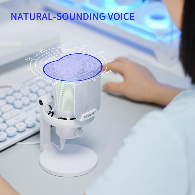 FEELWORLD VM1 White Gaming PC USB Microphone Condenser Mic Noise Cancellation RGB Light Mute, Computer Accessories for Gamer YouTube Twitch Podcast Streaming Recording Chat PS4 PS5