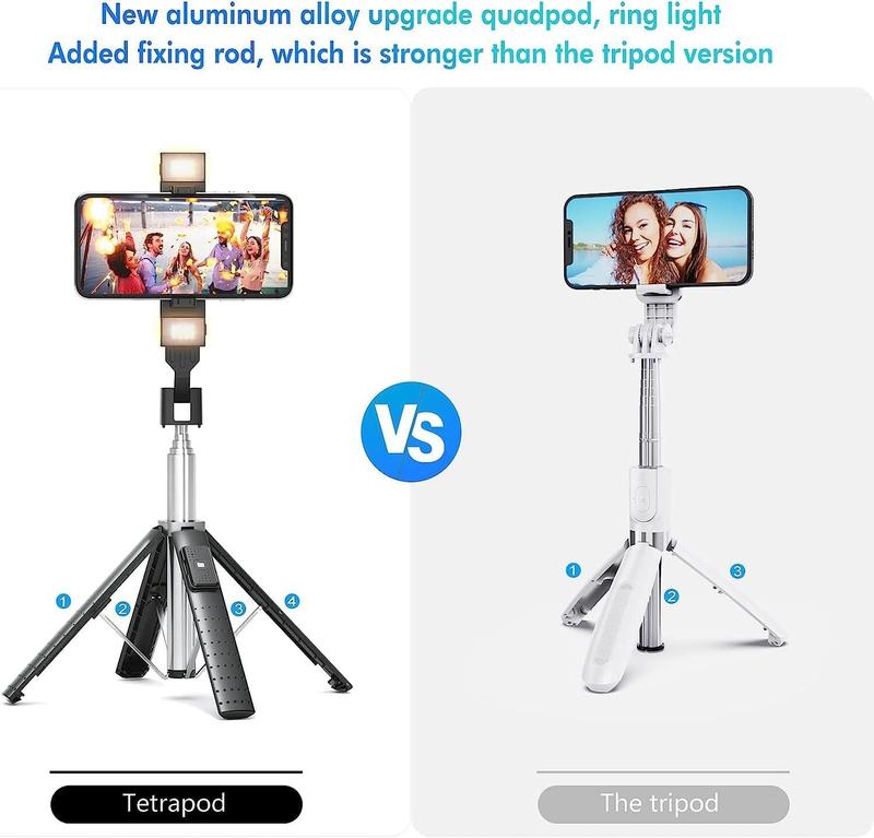 41 Selfie Stick Tripod Quadrapod with 2 Rechargeable Fill Light, Extendable Tripod with  Remote, Stainless Steel, 3 Light Modes, 9 Brightness Levels, Compatible for All iPhone & Android