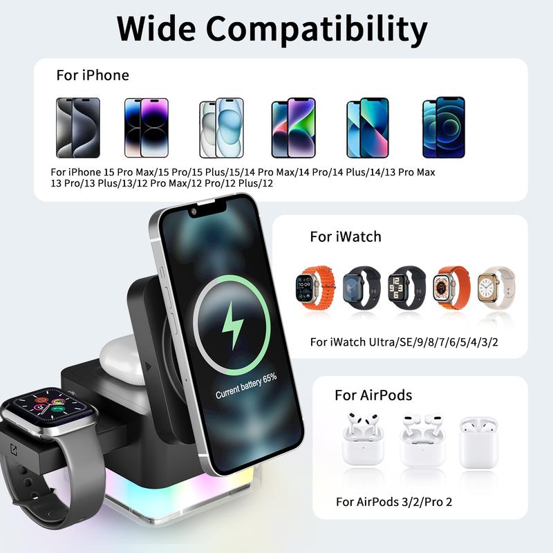 3-in-1 Charging Station Compatible with Magsafe Wireless Charger for iPhone 12 13 14 15 16 Series for AirPods iWatch Series, Christmas present Foldable Wireless