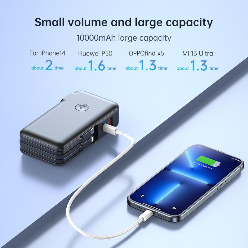 10000mAh Power Bank with Built-in Cable & US Plug, PD3.0 QC4.0 22.5W Fast Charging Power Bank Suitable for iPhone & Pad & Other Electronic Devices, Stocking Fillers Gift