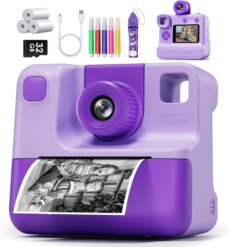 Kids Camera Instant Print, Christams Birthday Gifts for Girls Boys 5 6 7 8 9 10 Year Old, FHD Kids Toddler Digital Video Cameras,Selfie Cameras with 3 Rolls BPA-Free BPS-Free Print Paper & 32G Card