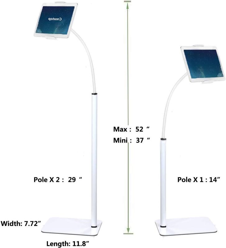 Tablet Floor Stand with Flexible Gooseneck and Stable Base, Tablet Stand Adjustable 360 Degree Roating Floor Stand for iPad, Cell Phone Within 3.5-10 inches (Standard, White)