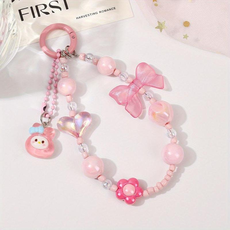 Sanrio Cute Bowknot Design Beaded Phone Chain, Short Phone Lanyard, Phone Strap for Women & Girls, Fashion Phone Decoration Accessories