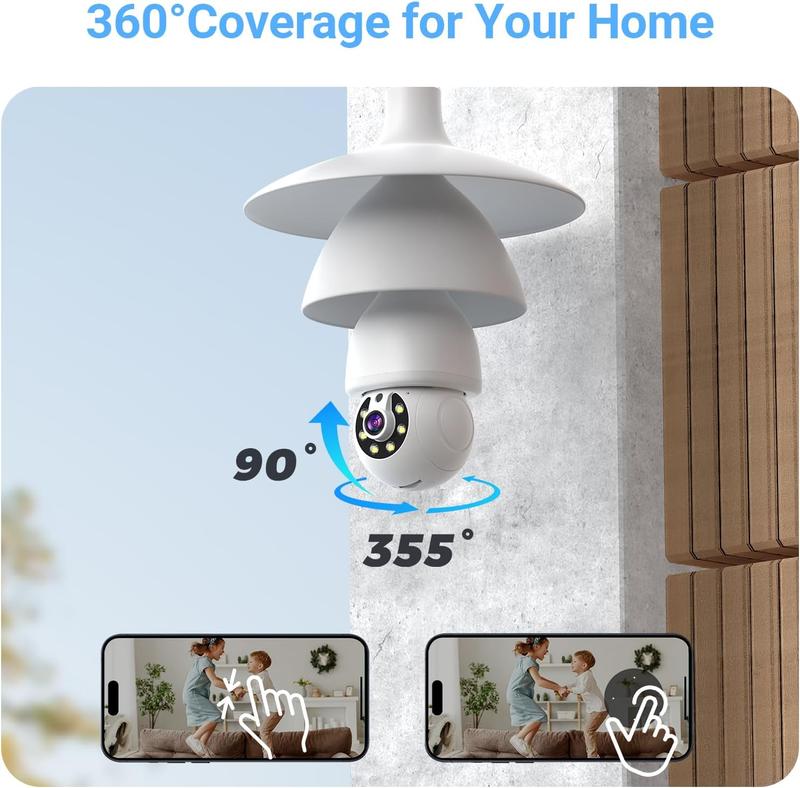 Wireless Light Bulb Security Camera, 2K HD 5G 2.4GHz WiFi Dual-Band Screw in E27 Light Socket Security Camera Indoor Outdoor, 360° Motion Detection, Color Night Vision