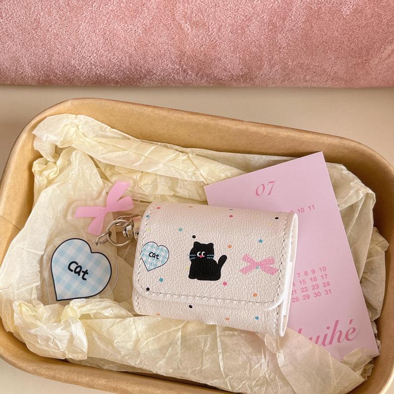 Cute Cat Pattern Earphone Case with Acrylic Tag, PU Leather Flip Earphone Bag, Earphones Protective Case for AirPods Pro2 Pro 3 2