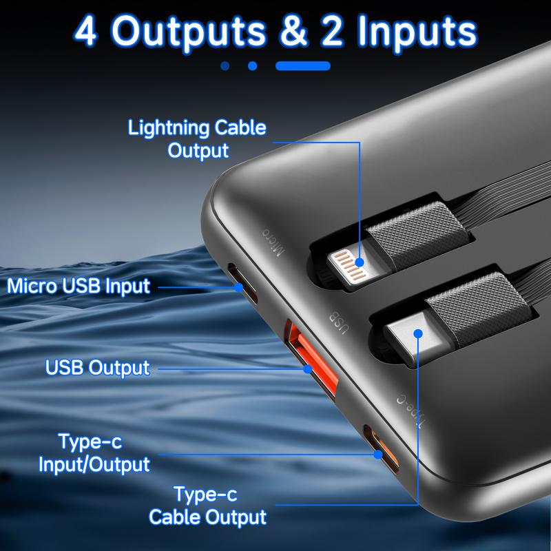 Portable Charger with Integrated Cables, Slim 10000mAh Travel Battery Pack, 4 Outputs 2 Inputs, 22.5W Fast Charging Power Bank for Samsung, Google Pixel, LG, Moto, iPhone, iPad