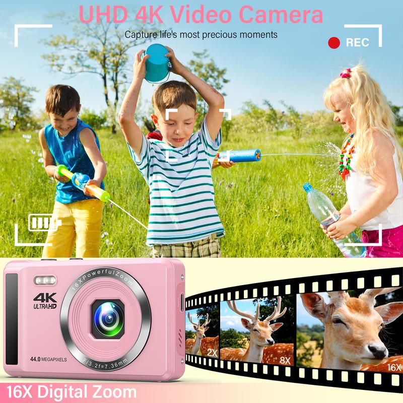 Flash Sale Pink 44MP Mini 4K HD Digital Camera 2.4 Inch Screen Point & Shoot Camerawith 32G SD Card, Data Cable & Battery, LED Fill Light for OutdoorSports Music Festival only pink color available