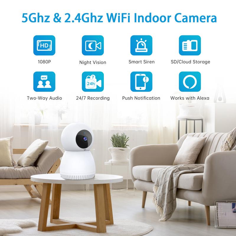 Smart Home Camera, 2 Megapixel Camera, 5G 2.4G Camera with Night Vision, Motion Detection for Pet Monitor Security，2-way Audio Cable