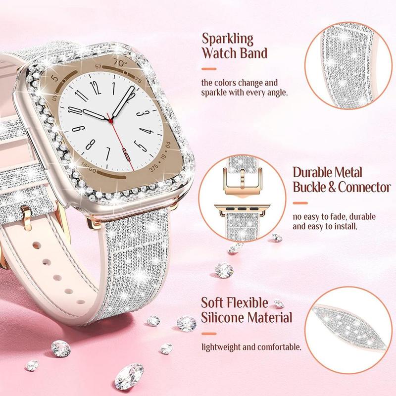 Rhinestone Decor Watch Band & Watch Case Set, 2 Counts set Adjustable Watch Band & Watch Case Compatible with Apple Watch Series SE 9 8 7 6 5 4 3 2 1, Fashion Watch Accessories for Women & Men