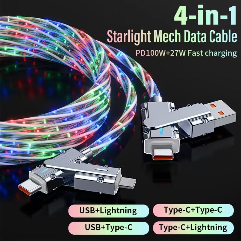 100W 4-in-1 Charging Cable. Streamer Charging Cable. Starlight-Mech Data Cable. USB+Type C+Lightning. Multi-functional Aluminum Alloy, Compatible