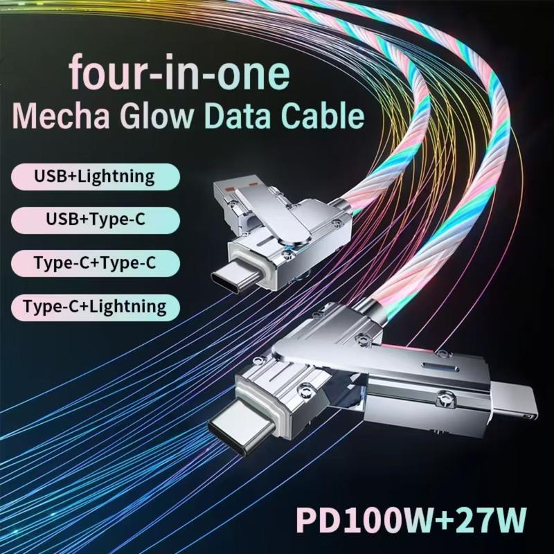 100W 4-in-1 Charging Cable. Streamer Charging Cable. Starlight-Mech Data Cable. USB+Type C+Lightning. Multi-functional Aluminum Alloy, Compatible