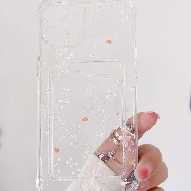 Floral Pattern Clear Phone Case with Card Slot, Anti-drop Phone Protective Cover, Phone Accessory Compatible with iPhone 11 12 13 14 iPhone 15 Pro Max Case